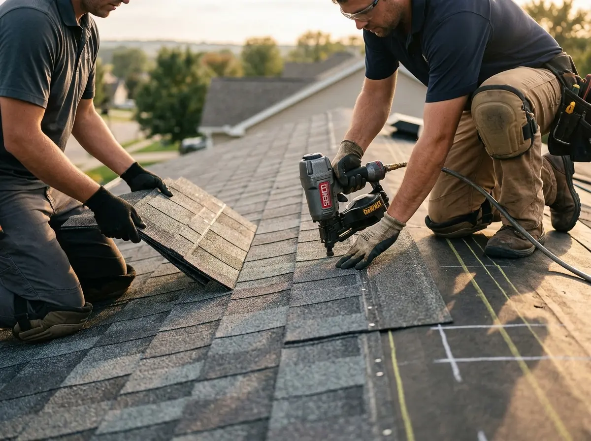 Professional roofer working on a residential roof in San Marcos